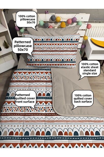 yok yok evim eve dair her şey Quilted Ethnic Patterned 4Piece(100% Cotton 120X200 with Fitted Sheet) Single Bedspread Set