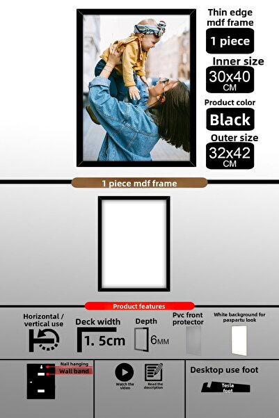 yhfoto 1 bucăți 30x40 cadru - cadru A3 cu șipci subțiri - cadru negru - 6 mm - rama foto