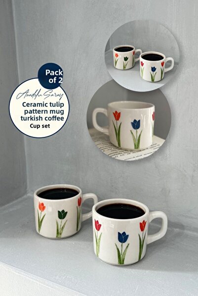 Anadolu Saray Set of 2 Handmade Ceramic Tulip Patterned Mug Set Turkish Coffee Cup Gift