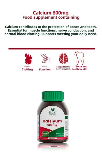 HCK NATURAL Calcium 600 Mg 30 Tablets Dental Bone Muscular System