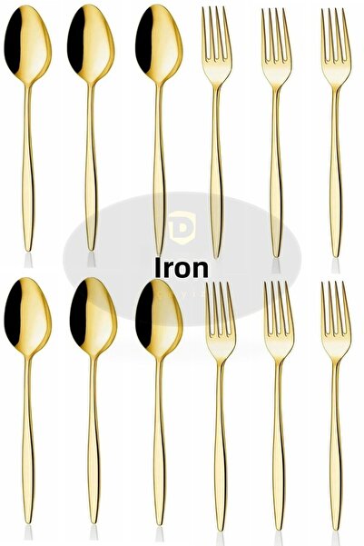 DMR LİFE 12 Pieces Ruby Gold Titanium Stainless Steel Tablespoon and Dinner Fork 18/10
