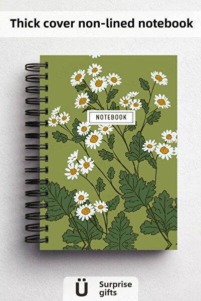 Eldesen Tasarım A5 Spiral Thick Cover Unlined Notepad, 80 Sheets 160 Pages, Green Daisy