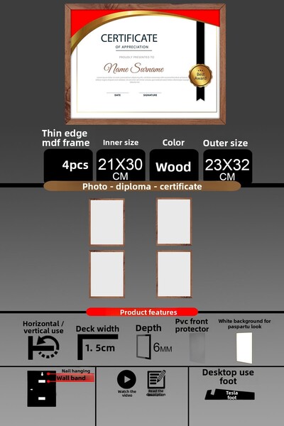 yhfoto 4 Τεμάχια 21x30 Πλαίσιο - Πλαίσιο Α4 με λεπτές πηχτήρες - Ξύλινο πλαίσιο - Πλαίσιο πιστοποιητικού φωτογραφιών