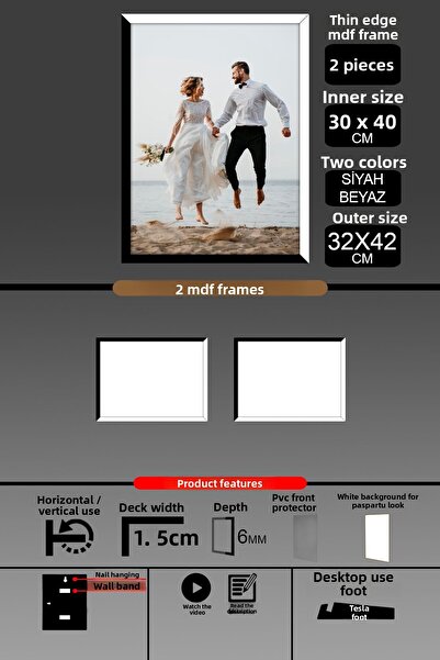 yhfoto 2 قطعة إطار 30x40 - إطار A3 ذو شرائح رفيعة - لونين أسود وأبيض - إطار صور 6 مم