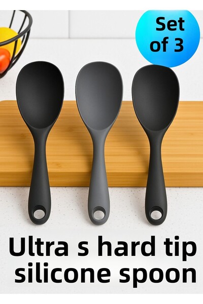 BRE HOME Set of 3 Black-Gray Silicone Spoons – 20 cm Ultra Hard Tip, Heat Resistant Rice Spoon