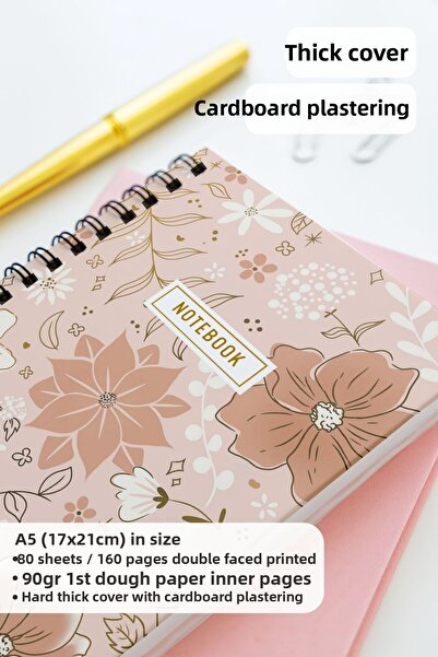 Eldesen Tasarım A5 Spiral Thick Cover Unlined Notepad, 80 Sheets 160 Pages, Gold Floral