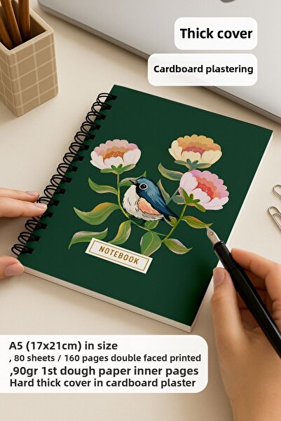 Eldesen Tasarım A5 Spiral Thick Cover Checkered Notepad, 80 Sheets 160 Pages, Green Bird