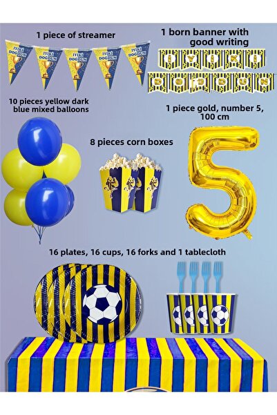 PartyPoo Yellow Navy Blue Fan 24 Person Birthday Party Supplies Set |   5 Yea...