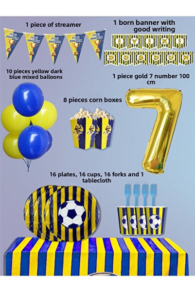 PartyPoo Yellow Navy Blue Fan 24 Person Birthday Party Supplies Set |   7 Yea...