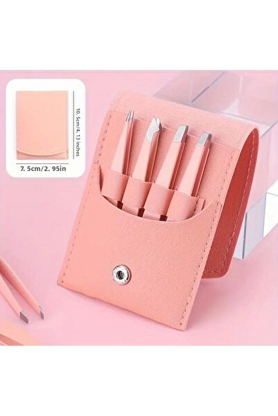 SİNKA Tweezers Set of 4 Professional Leather Bag Pink Stainless