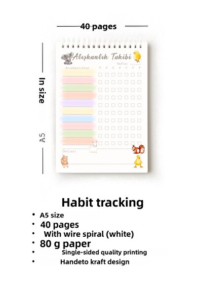 Handeto Kraft Cute Animals Turkish Habit Tracker, Habit Tracker, A5 Habit Tracker, Routine Notebook, Planner