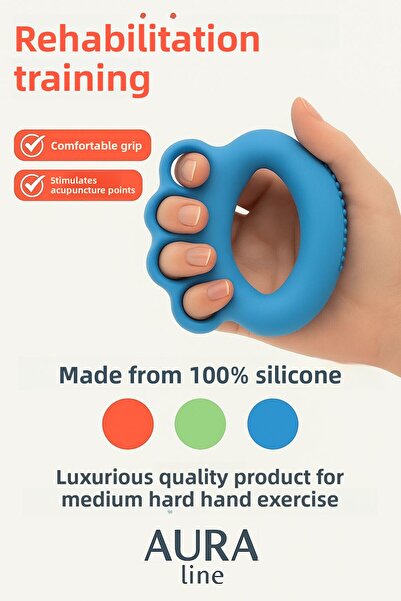 AURA LİNE تمارين تقوية إصبع المعصم من السيليكون، تمرين الضغط على اليد بعد العملية الجراحية باللون الأزرق من السيليكون الفاخر