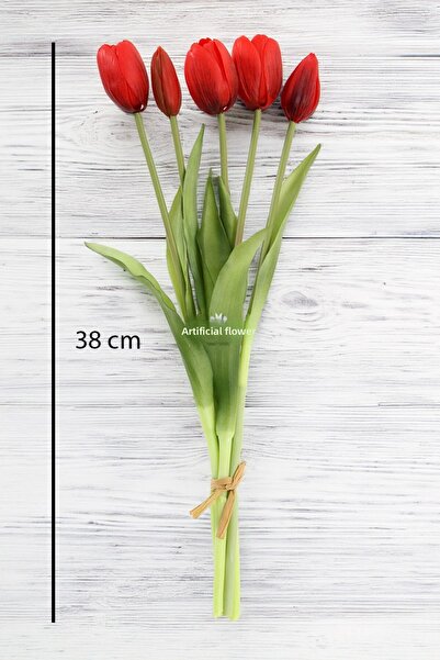Yapay Çiçek Deposu Real Textured Luxury 5 Branch Tulipa Tulip Bouquet Red