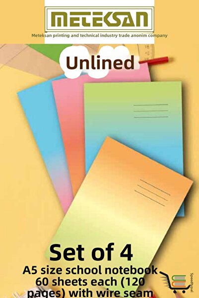Meteksan Caiet de școală fără linii Dimensiune A5 60 de coli (120 de coli) Copertă de carton Cusut cu sârmă