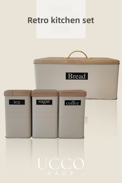 UCCO مجموعة من 4 صواني خبز معدنية كلاسيكية وصندوق تخزين مكون من 4 قطع منظم للمطبخ وسلة الخبز