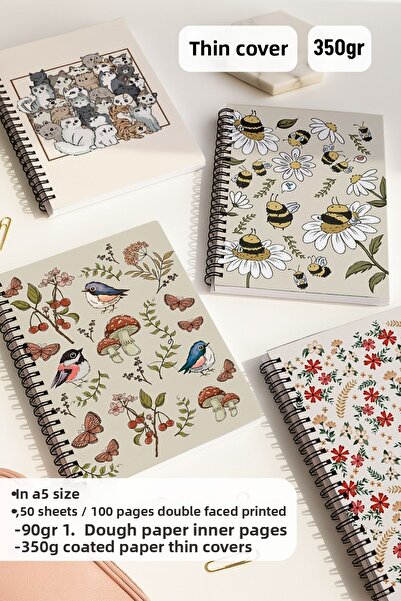 Eldesen Tasarım School Notebook Set with Spiral Dots, A5 Size 50 Sheets 100 Sheets Set of 4, Animal Set