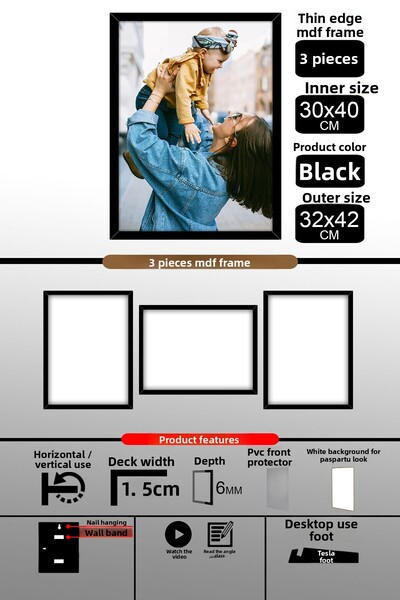 Bytwo 3Pcs 30X40 Frame - A3 Frame with Thin Slats - Black Frame - 6mm - Photo Frame