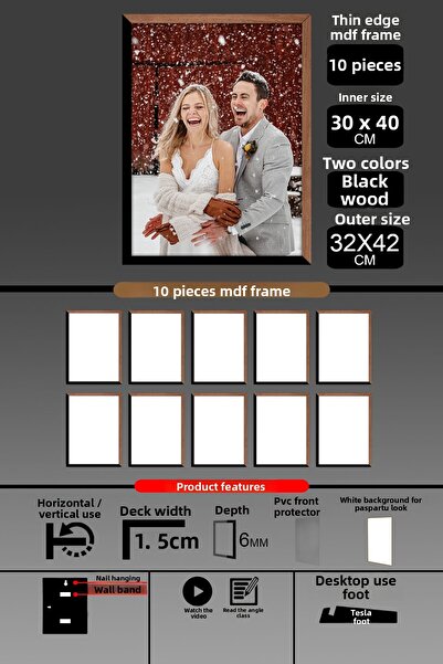 Bytwo 10 قطع إطار 30x40 - إطار A3 ذو شرائح رفيعة - لونان خشب أسود - إطار صور 6 ملم