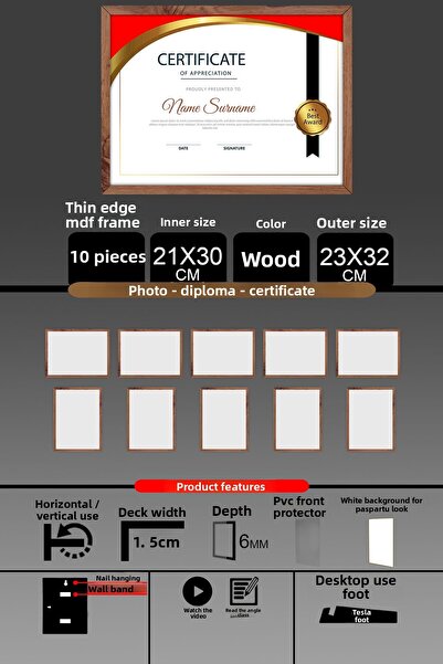 Bytwo 10 Pieces 21X30 Frame - Thin Slatted A4 Frame - Wooden Frame - Photo Ce...