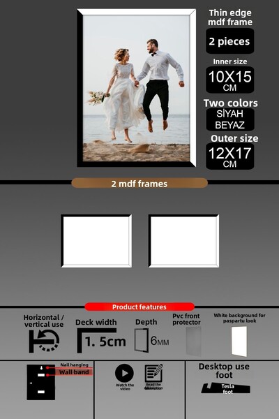 Bytwo 2Pcs 10X15 Frame - Thin Slatted Frame - 2 Colors Black White - 6mm Frame Photo Frame