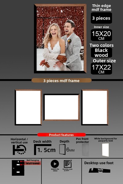 Bytwo 3 bucăți 15x21 rame - rame A5 cu șipci subțiri - 2 culori lemn negru - rame foto de 6 mm