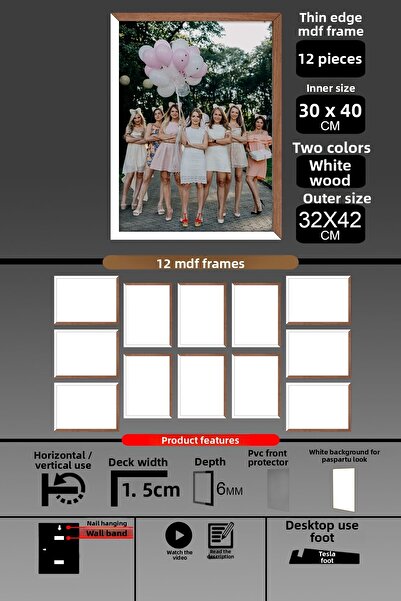 Bytwo 12 bucăți 30x40 rame - rame A3 cu șipci subțiri - 2 culori lemn alb - rame foto de 6 mm