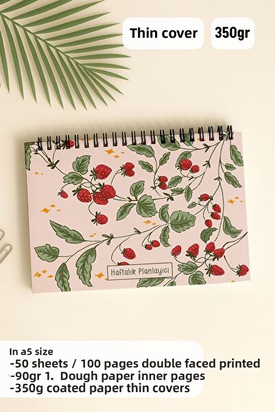 Eldesen Tasarım Weekly Planner A5 Notebook with Flexible Thin Cardboard Cover, 1 Year Planner, Pink Strawberry