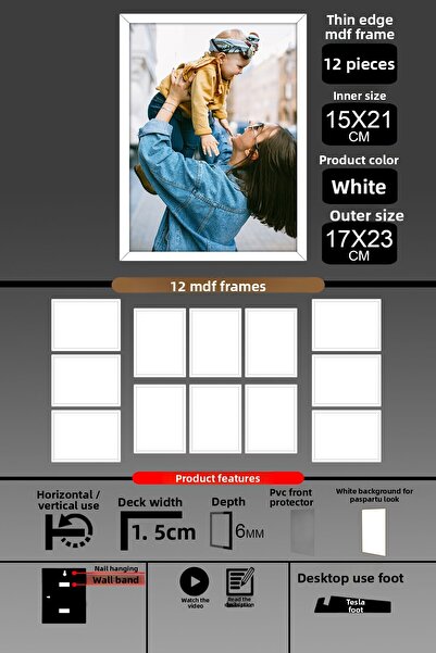 Bytwo 12 Pieces 15X21 Frame - Fine Slatted A5 Frame - White Frame - 6mm - Photo Frame