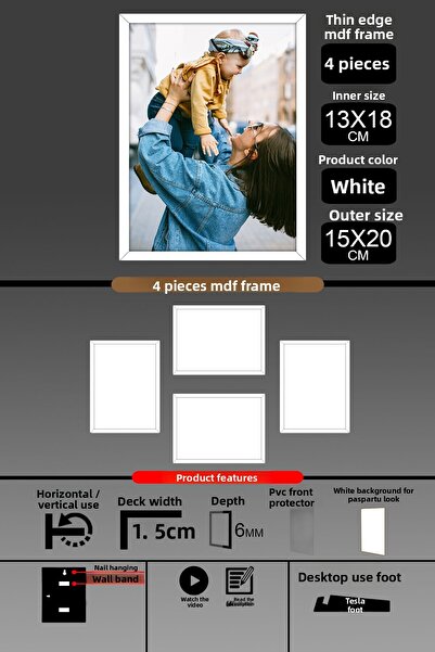 bymat 4 Pieces 13X18 Frame - Thin Slatted Frame - White Frame - 6mm Frame - Photo Frame
