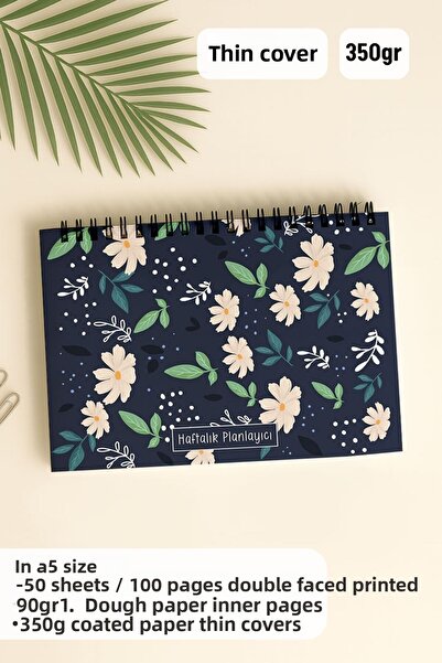 Eldesen Tasarım Weekly Planner A5 Notebook with Flexible Thin Cardboard Cover, 1 Year Planner, White Floral