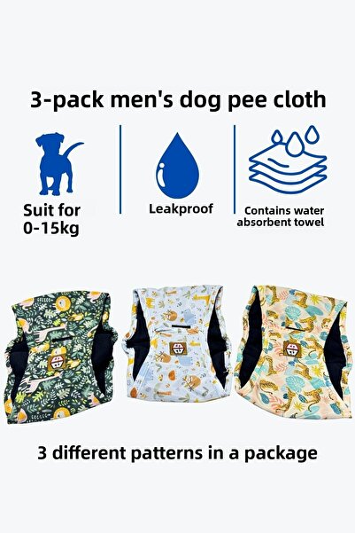 salya store Patterned Men's Dog Pee Diapers - Men's Dog Panties 3-Piece Advantageous Package Waterproof and Washable