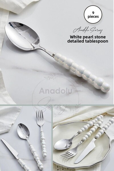 Anadolu Saray 6 Pieces White Pearl Stone Detailed Ceramic Tablespoon |   6 Piece Luxury Tablespoon Set