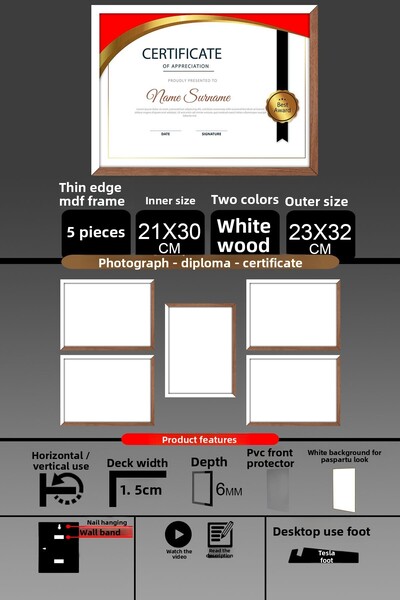 Bytwo 5 قطع إطار 21x30 - إطار A4 ذو شرائح رفيعة - لونان خشب أبيض - إطار شهادة الصور