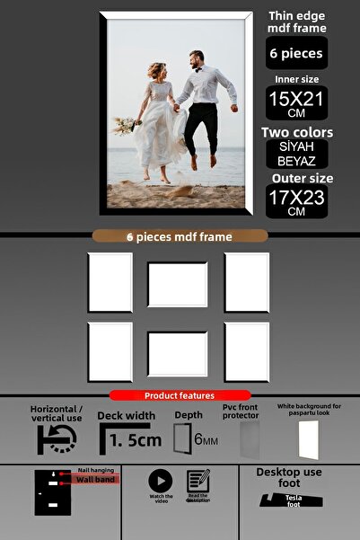 bymat 6Pcs 15X21 Frame - Fine Slatted A5 Frame - 2 Colors Black White - 6mm Photo Frame