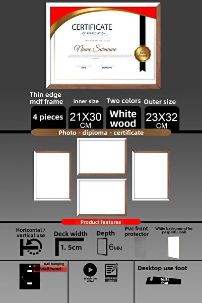 bymat 4 Pieces 21X30 Frame - Thin Slatted A4 Frame - 2 Colors White Wood - Photo Certificate Frame