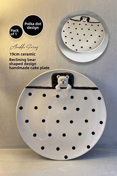 Anadolu Saray 1 Piece 19cm Ceramic Polka Dot Design Lying Bear Shaped Handmade Cake Plate Dessert Breakfast Plate