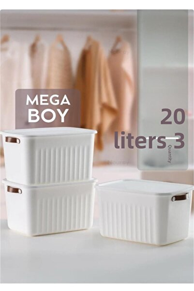 Bayev 3-Piece White 20 Lt Boxsis Set Mega Size Multi-Purpose Box with Lid Cabinet Organizer Organizer-Hobby Box