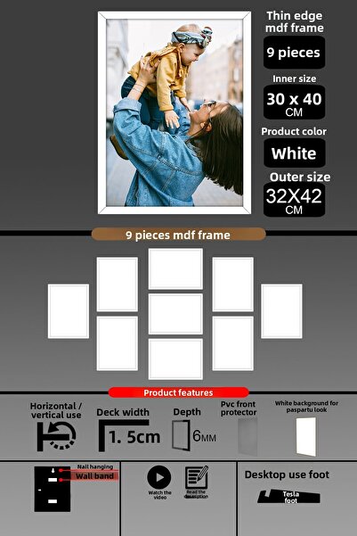 Bytwo 9 Pieces 30X40 Frame - Thin Slatted A3 Frame - White Frame - 6mm - Photo Frame