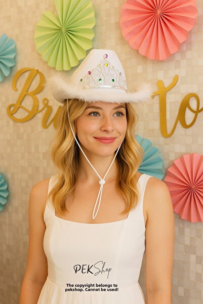 PEKSHOP Pălărie de cowboy albă cu coroană și pene Pălărie de mireasă pentru p...