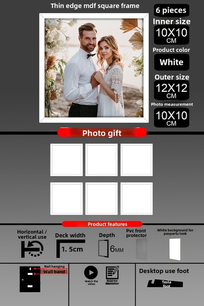 bymat 6Pcs 10X10 Frame - Fine Slatted Frame - White Frame - Square Frame - Photo Frame