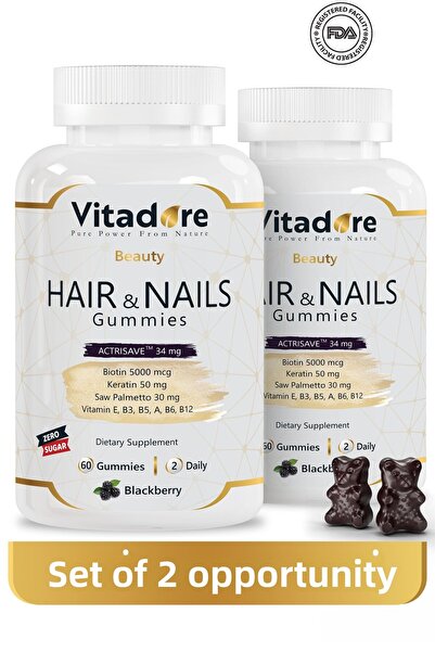 Vitadore عبوة من 2 فيتامينات للشعر والأظافر، علكة للشعر والأظافر - فيتامين فع...