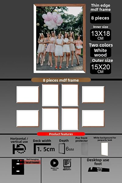 Bytwo 8 Pieces 13X18 Frame - Thin Slatted Frame - 2 Colors White Wood - 6mm Frame Photo Frame
