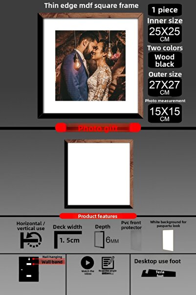 bymat 1 Buc 25x25 Cadru - Cadru cu șipci subțiri - 2 Culori Lemn Negru - Cadru Fotografie Cadru pătrat