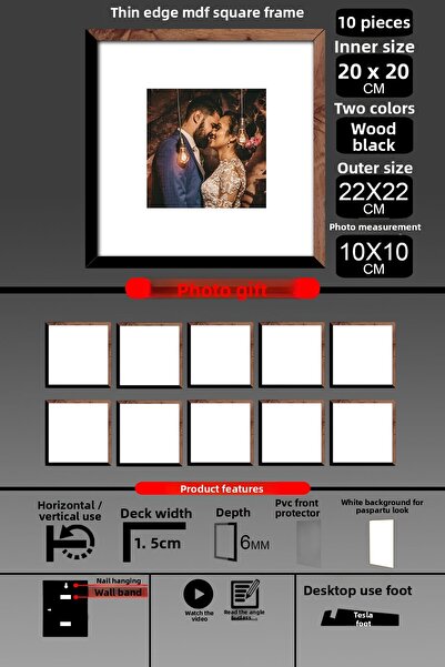 Bytwo 10 bucăți 20x20 rame - rame cu lamele subțiri - 2 culori lemn negru - rame pătrate rame foto