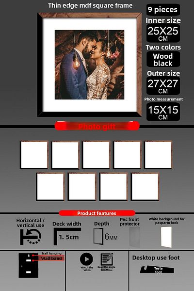 yhfoto 9Pcs 25X25 Frame - Fine Slatted Frame - 2 Colors Wood Black - Square Frame Photo Frame