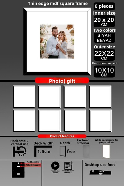 bymat 8Pcs 20X20 Frame - Thin Slatted Frame - 2 Colors Black White - Square Frame Photo Frame