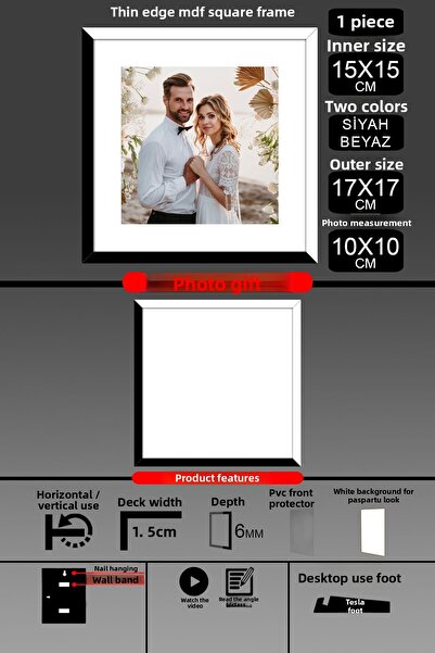 bymat 1Pcs 15X15 Frame - Thin Slatted Frame - 2 Colors Black White - Square Frame Photo Frame