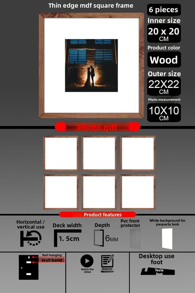 Bytwo 6 Pieces 20X20 Frame - Thin Slatted Frame - Wooden Frame - Square Frame - Photo Frame