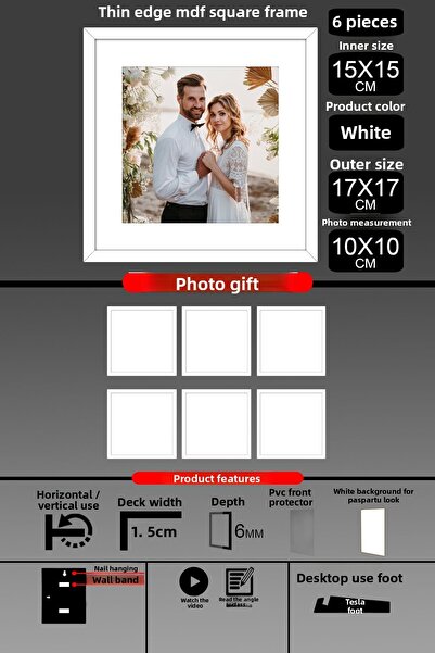 yhfoto 6 bucăți 15x15 cadru - cadru cu șipci subțiri - cadru alb - cadru pătrat - rama foto