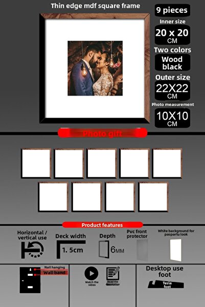 Bytwo 9 bucăți 20x20 cadru - cadru cu șipci subțiri - 2 culori lemn negru - cadru pătrat rame foto